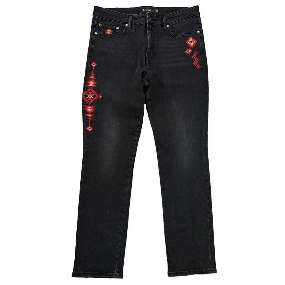 Ralph Lauren Black Label Southwestern Aztec Mid Rise Black Red Jeans Size 12